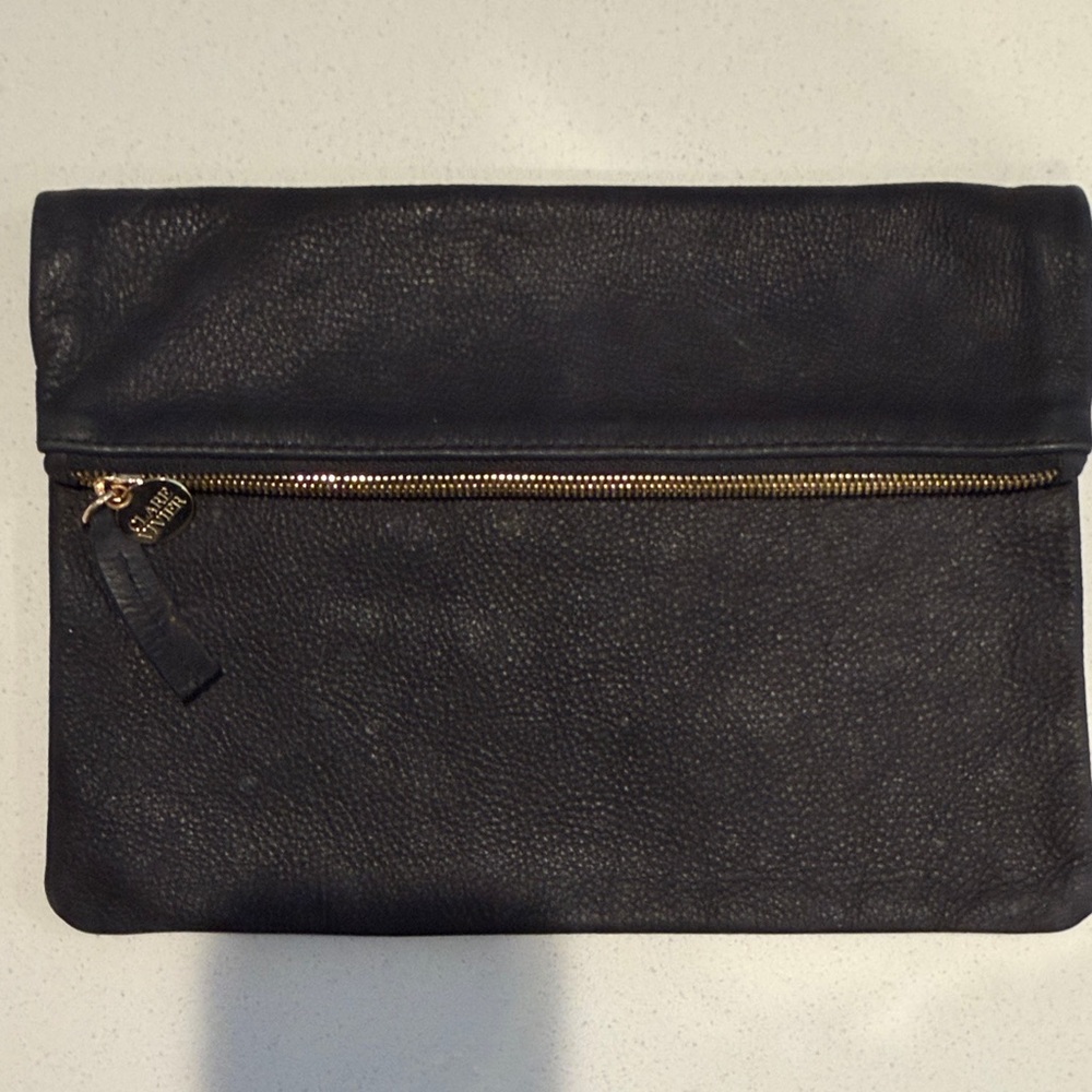 Clare V Black Fold-Over Leather Clutch with Gold Hardware